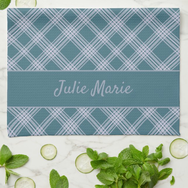 Muted Cyan Plaid Pattern Custom Name Kitchen Towel (Folded)