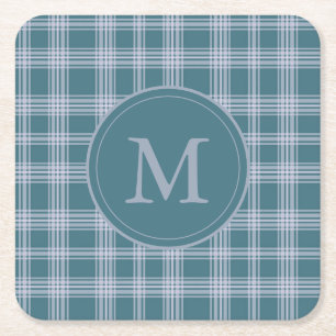 Muted Cyan Plaid Pattern Monogram Coaster