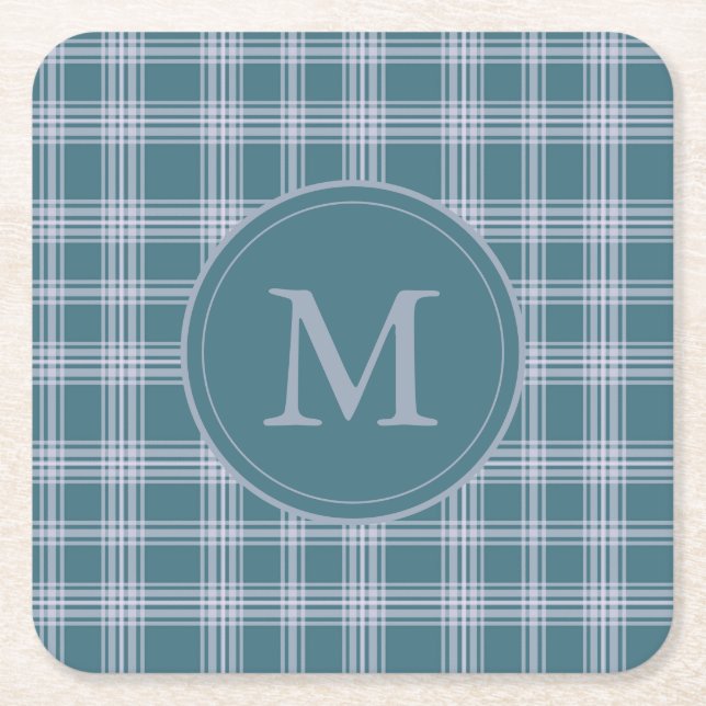 Muted Cyan Plaid Pattern Monogram Coaster (Front)
