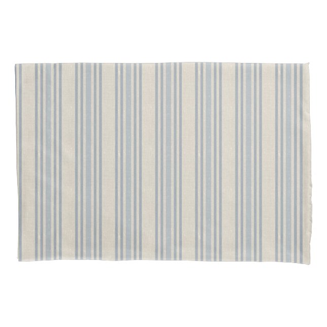 Muted Distressed Blue Farmhouse Ticking Stripe Pillowcase (Front)