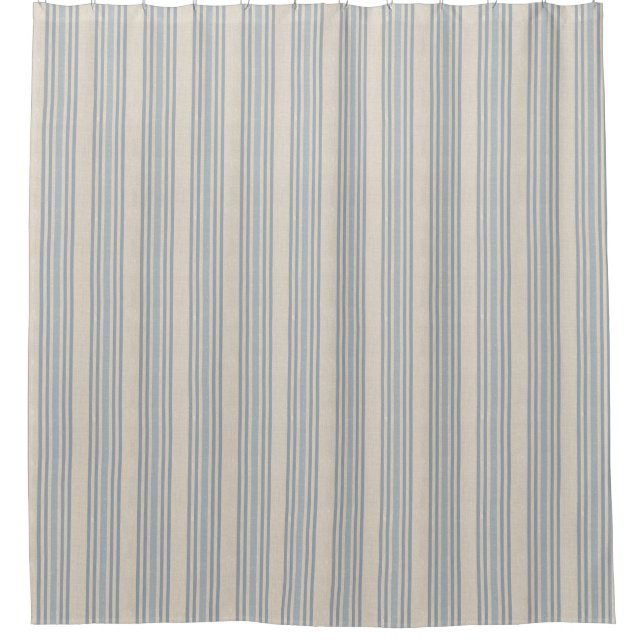 Muted Distressed Blue Farmhouse Ticking Stripe Shower Curtain (Front)
