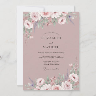 Muted Dusty Mauve Peony Wedding Invitation