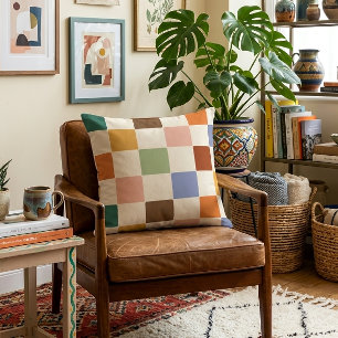 Muted Dusty Rainbow Chequerboard Pattern Cushion