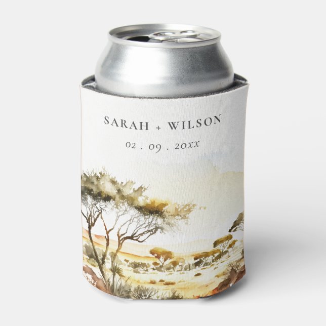 Muted Earthy Watercolor African Landscape Wedding Can Cooler (Can Front)