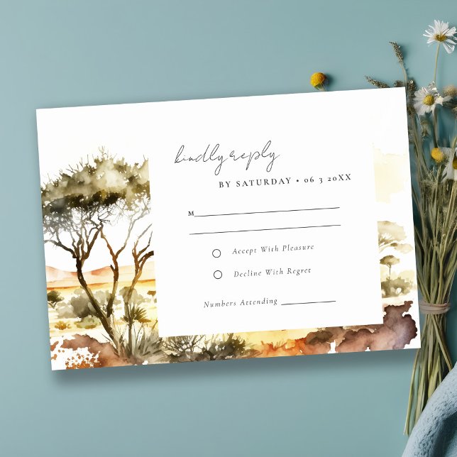 Muted Earthy Watercolor African Landscape Wedding RSVP Card (Creator Uploaded)