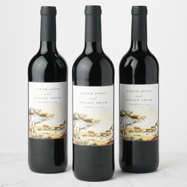 Muted Earthy Watercolor African Landscape Wedding Wine Label (Bottles)