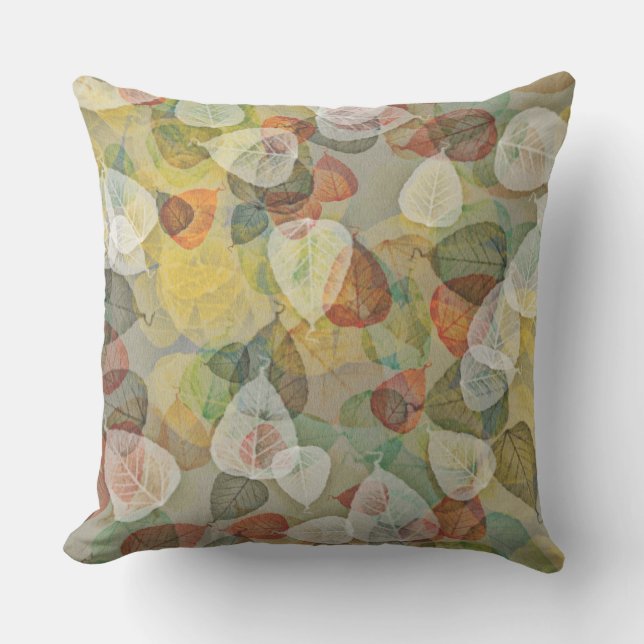 Muted Fall Leaves Orange White Green Cushion (Front)