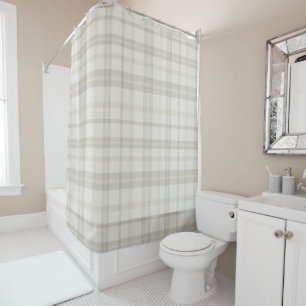 Muted Farmhouse Beige Plaid w/ Linen Texture Shower Curtain
