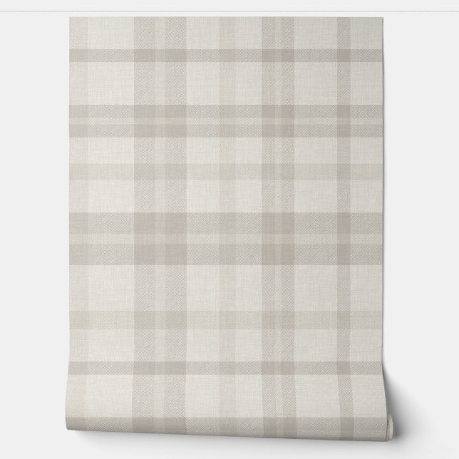 Muted Farmhouse Beige Plaid w/ Linen Texture Wallpaper (Unrolling)