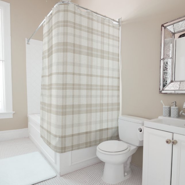 Muted Farmhouse Taupe Plaid w/ Linen Texture Shower Curtain (In Situ)