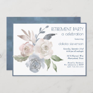 Muted Floral Bouquet   Blue Cream Pink Retirement Invitation