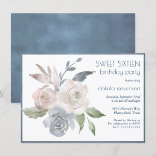 Muted Floral Bouquet   Blue Cream Pink Sweet 16 Invitation