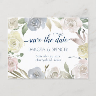 Muted Floral Wreath   Blue Pink Yellow Wedding Announcement Postcard