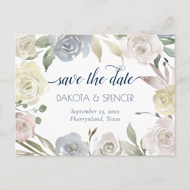 Muted Floral Wreath | Blue Pink Yellow Wedding Announcement Postcard (Front)