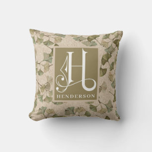 Muted Ginko Pattern Monogram H Cushion