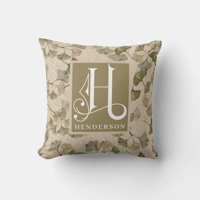 Muted Ginko Pattern Monogram H Cushion (Front)