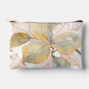 Muted Gold Blue Watercolor Botanical Leaves Accessory Pouch