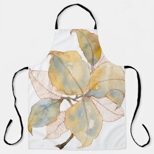 Muted Gold Blue Watercolor Botanical Leaves Apron
