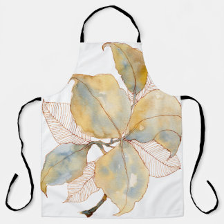 Muted Gold Blue Watercolor Botanical Leaves Apron