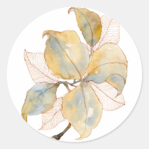 Muted Gold Blue Watercolor Botanical Leaves Classic Round Sticker