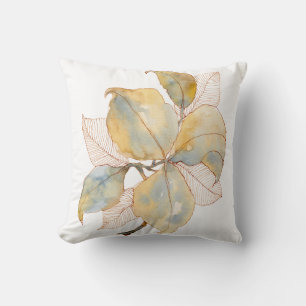 Muted Gold Blue Watercolor Botanical Leaves Cushion