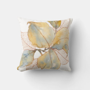 Muted Gold Blue Watercolor Botanical Leaves Cushion