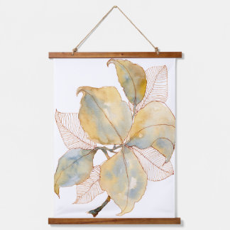Muted Gold Blue Watercolor Botanical Leaves Hanging Tapestry