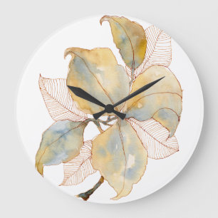 Muted Gold Blue Watercolor Botanical Leaves Large Clock