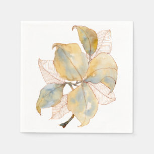 Muted Gold Blue Watercolor Botanical Leaves Napkin