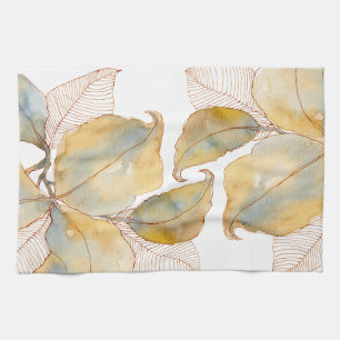 Muted Gold Blue Watercolor Botanical Leaves Tea Towel
