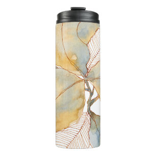 Muted Gold Blue Watercolor Botanical Leaves Thermal Tumbler