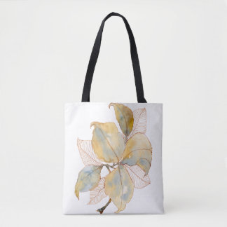 Muted Gold Blue Watercolor Botanical Leaves Tote Bag