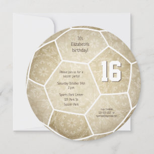 muted gold girl's soccer themed birthday party announcement
