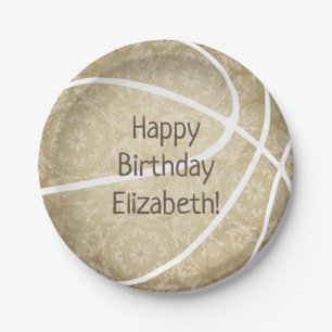 muted gold girly custom text basketball party paper plate