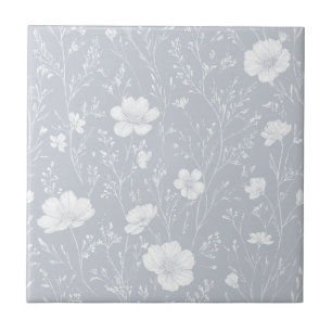 Muted Gray And White Wildflower Pattern Ceramic Tile