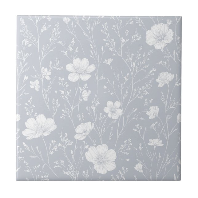 Muted Gray And White Wildflower Pattern Ceramic Tile (Front)