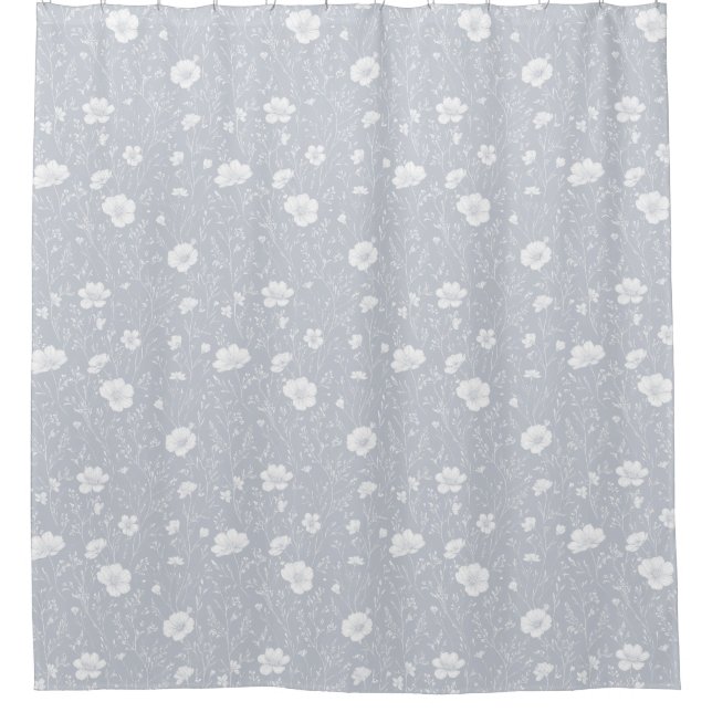 Muted Gray And White Wildflower Pattern Shower Curtain (Front)
