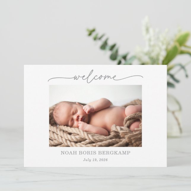 Muted Gray Baby Photo Welcome Announcement Card (Standing Front)