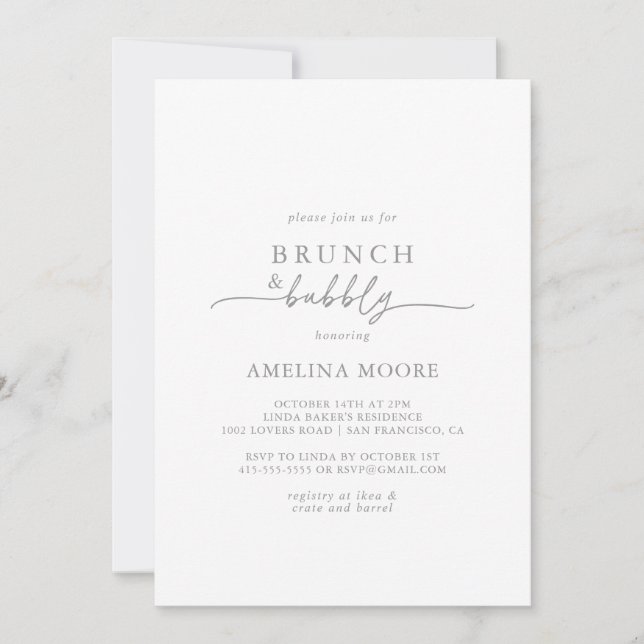 Muted Gray Minimal Brunch and Bubbly Bridal Shower Invitation (Front)
