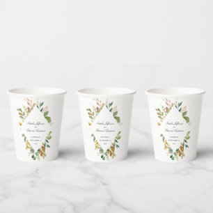 Muted green, brown and gold foliage wedding paper cups