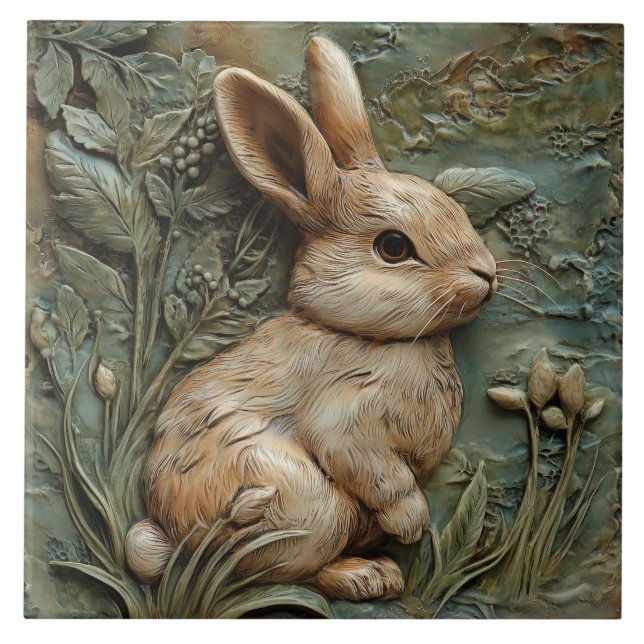 Muted Green Bunny Rabbit and Flowers Faux Relief Ceramic Tile (Front)