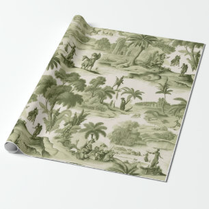 Muted Green Cottage Toile Countryside Scenic Wrapping Paper