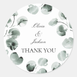 Muted Green Eucalyptus Scripted Modern Thank you Classic Round Sticker