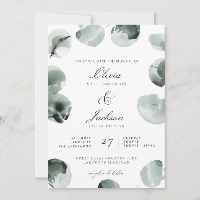Muted Green Eucalyptus Scripted Modern Wedding Invitation (Front)