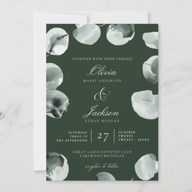 Muted Green Eucalyptus Scripted Modern Wedding Invitation (Front)
