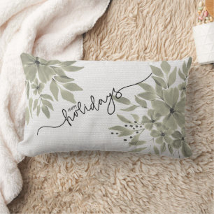 Muted Green Florals on Cream Linen Texture Holiday Lumbar Cushion