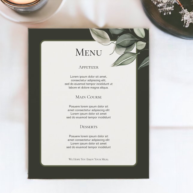 Muted Green Foliage Personalised Wedding Menu (Muted Green Foliage Personalized Wedding Menus from Ricaso)