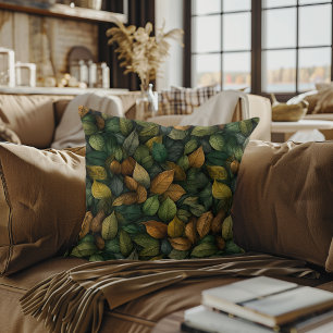 Muted Green Gold Fall Leaves Watercolor Decorative Cushion