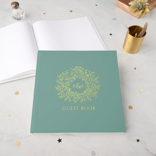 Muted green gold leaf monogram wedding guest book (Front Open)