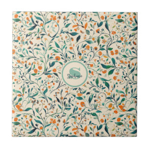 Muted Green Orange Vine Botanical Spring Ceramic Tile